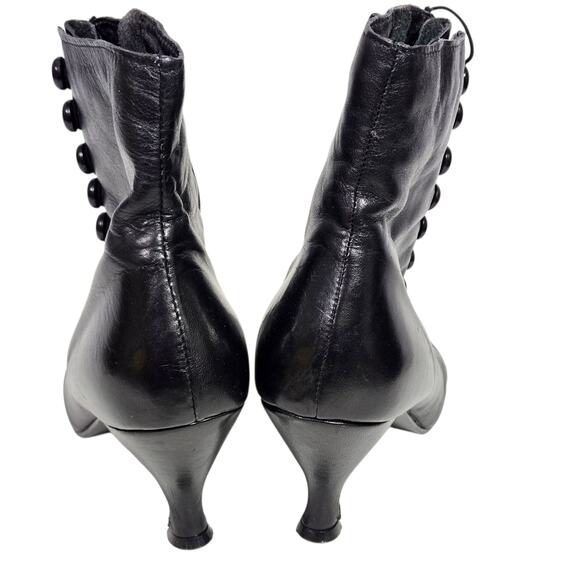 Vintage Poppies Leather Granny Boots Black Ankle Booties Pointy Kitten Heel 7.5 - Picture 5 of 16